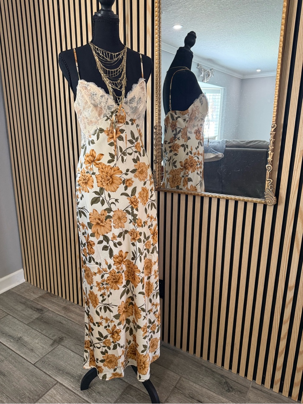 Lace-Trim Floral Maxi Slip Dress in Cream and Mustard